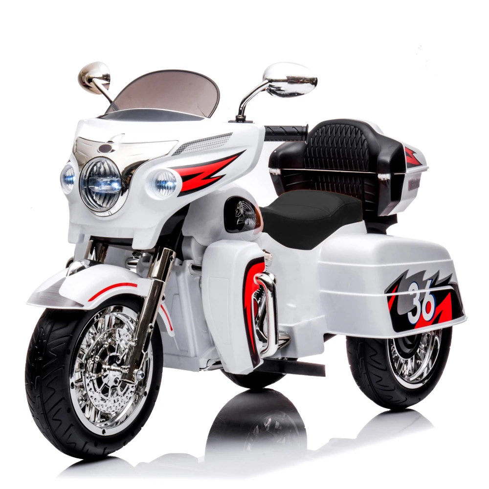 12V Kids Electric Ride-On Motorcycle with Dual 25W Motors, Forward and Reverse, LED Lights, Wireless Music Player, Power Display, Large Storage Trunk and Soft PU Seat, White Rechargeable Three-Wheel Vehicle for Boys and Girls Ages 3-6, Outdoor Toy