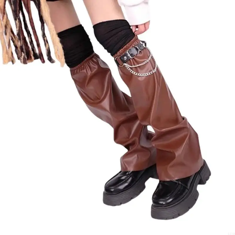 

L5YD Japanese Subcultures Punk Faux Leather Flared Leg Warmers Boot Covers with Over Knee Socks Chain Garter Set for Women