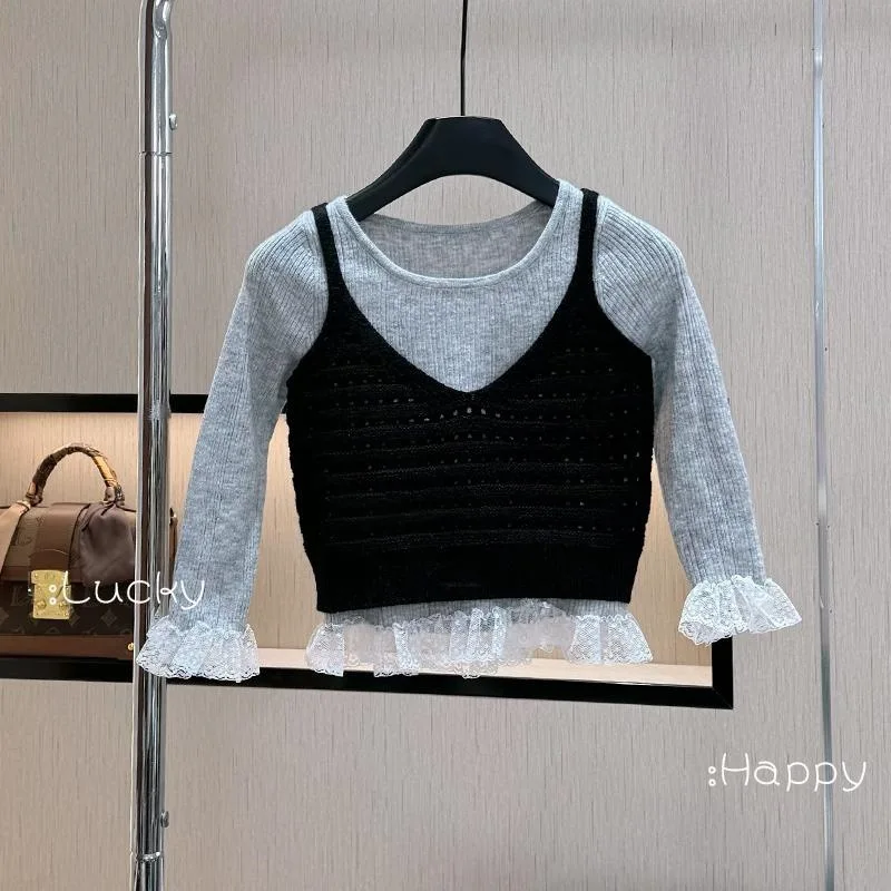 

Girls Autumn Suit2025New Children's Lace Base Knitted Camisole Two-Piece Set