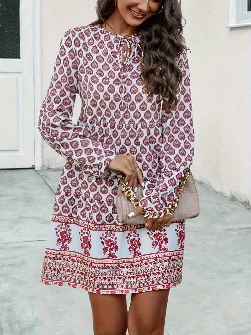 

Плюс размер 1XL-5XL женское модное платье с принтом и длинными рукавами, ожерелье, кружевное повседневное платье, элегантное платье длиной до колена