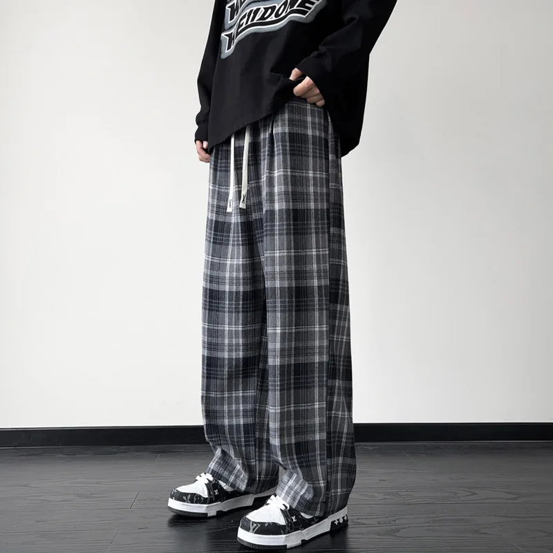 

Black Casual Pants Men Fashion Retro Plaid Pants Men Streetwear Hip-hop Loose Wide Leg Pants Mens Vintage Trousers Plus Size