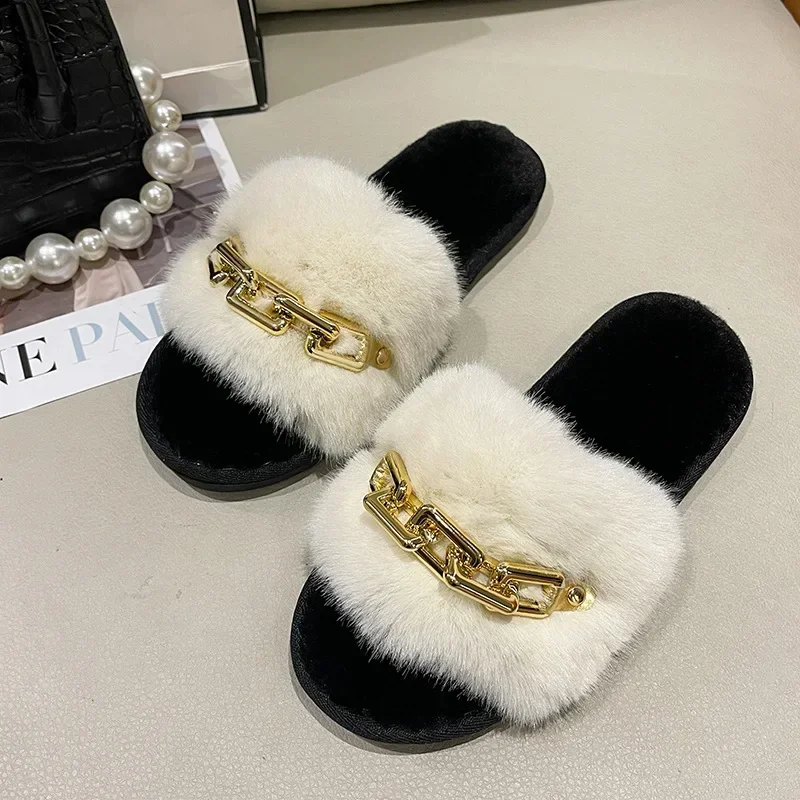 Fluffy Fur Slippers 2024 New Fashion Chain Design Women Home Slippers Winter Indoor Open Toe Flat Non-slip Leisure Female Shoes