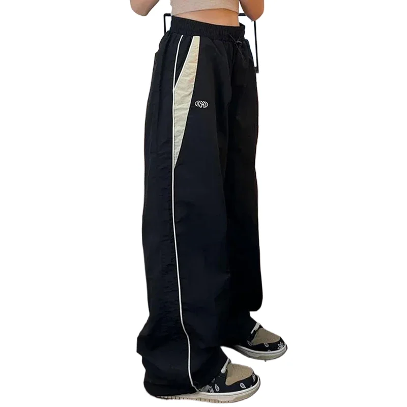 

Women Spring Retro Solid Loose Drawstring Trousers Casual Joggers Baggy Wide Leg Sweatpants Mid Waist Sporty Y2k Female Clothes