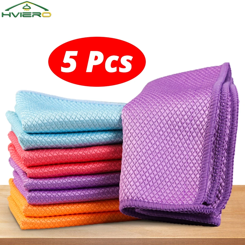 

5PCS Microfiber Checkered Fish Scales Towel Non Stick Oil Absorbent For Windows Kitchen Polishing Reusable Glass Cleaning Cloth