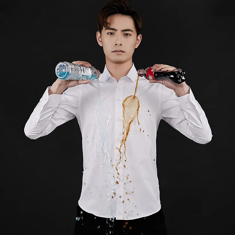 BROWON Men's Business Shirt Hydrophobic Material Long Sleeve Slim Fit Youthful Trend Nine Points Sleeve Henry Collar Style