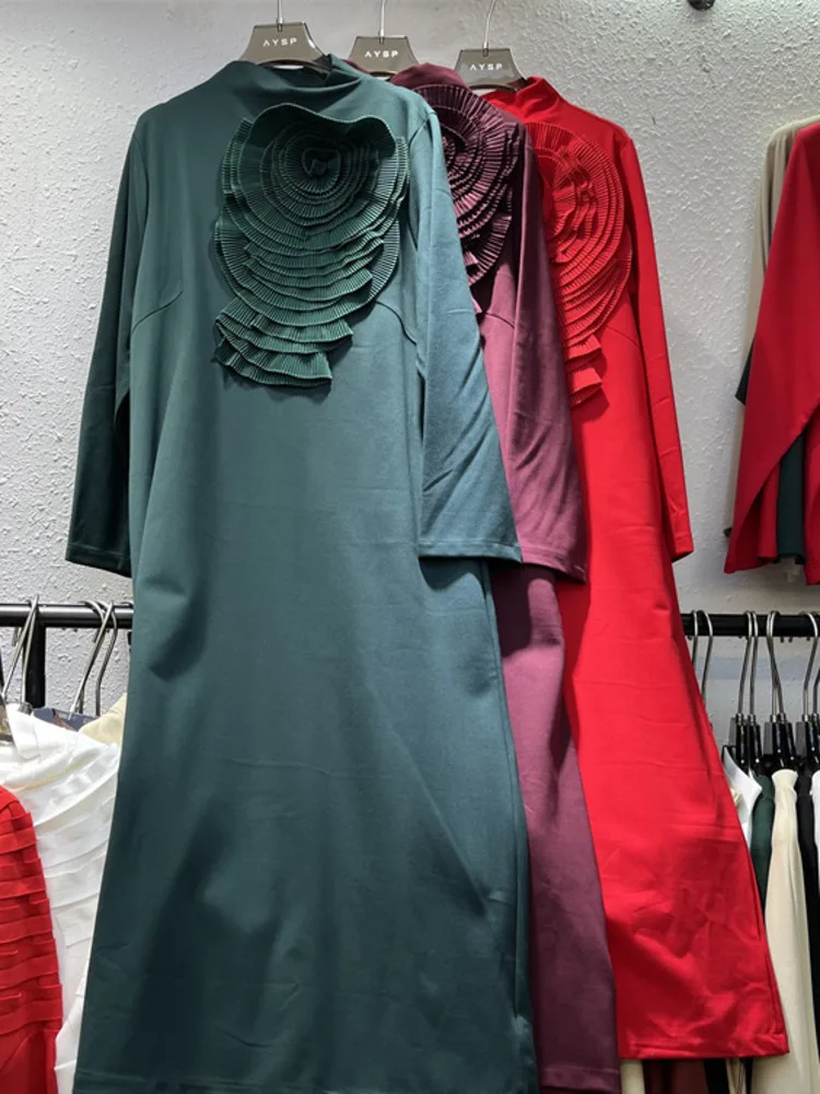 DFDG Women’s Spring Summer 2025 T-shirt Dress Pleated 3D Floral Half Turtleneck Loose Fit Chic Designer Casual Party Dress