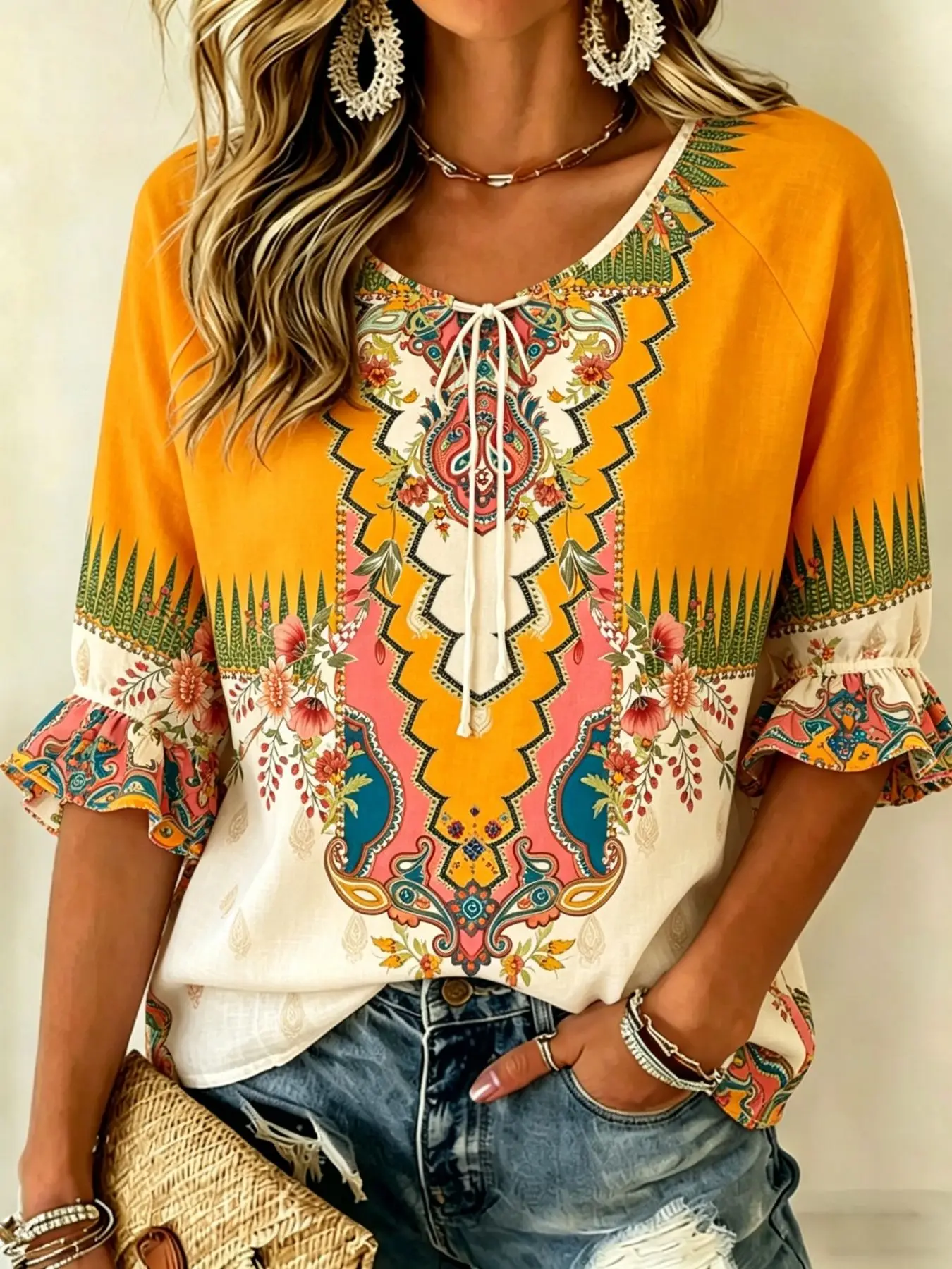 Luxury Designed Half Sleeve Women's Shirt, Trendy Cool 3D Print Craft, Loose Lazy Style Show Elegant Casual Temperament