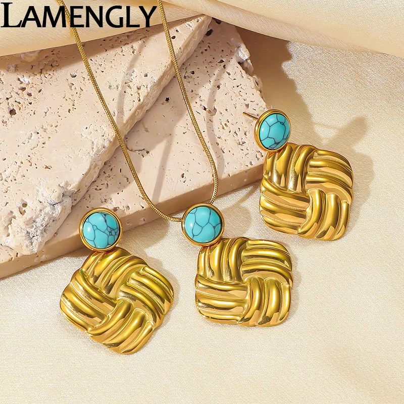 LAMENGLY 316L Stainless Steel Turquoise Chinese Knot Twist Lines Pendant Necklace Earrings For Women Girl Novel Chic Jewelry Set