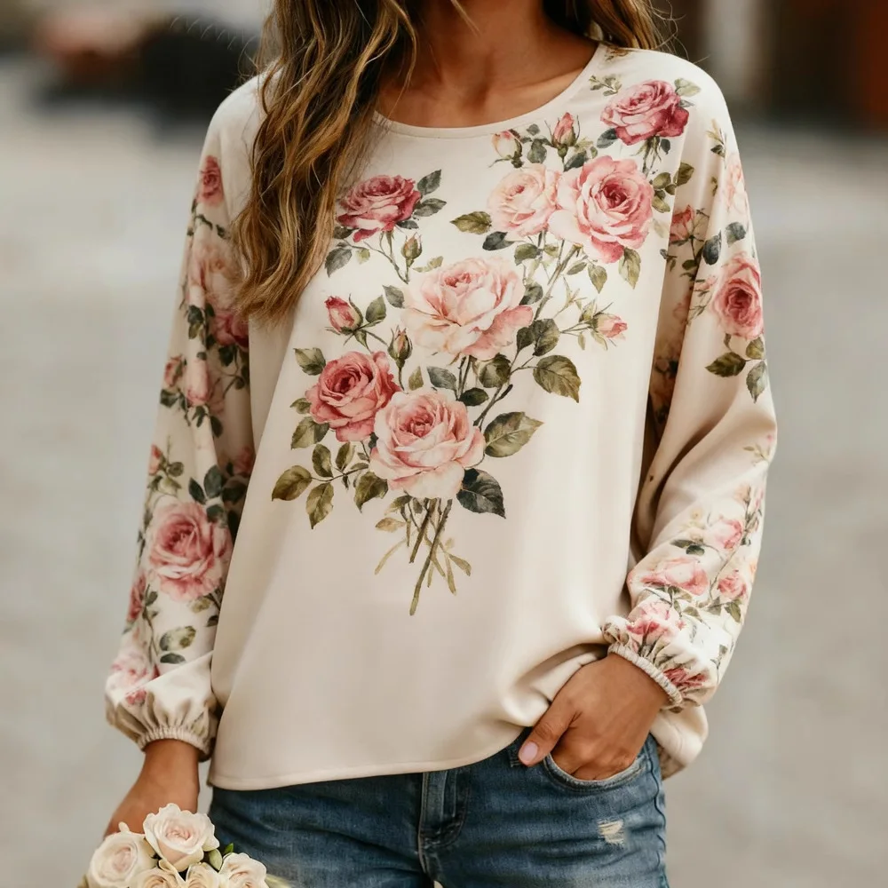 Automne nouveau T-shirt femme décontracté rétro imprimé à manches longues chemises col rond hauts pullover mode coréenne Кроп Топ t-shirts