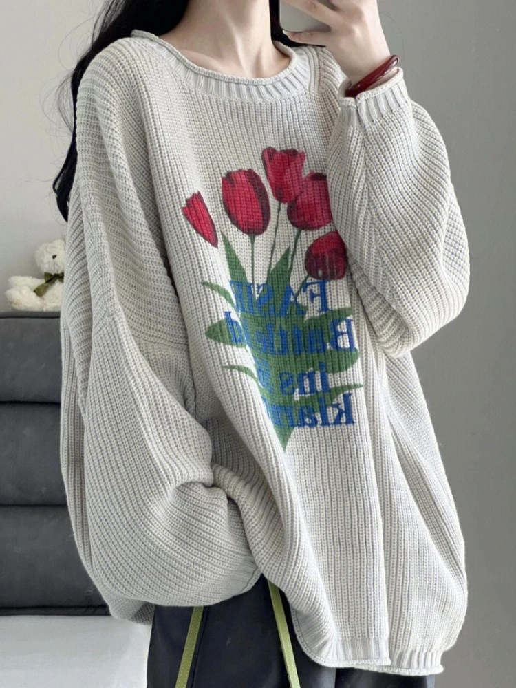 Deeptown Retro Knitted Sweater Women Harajuku Vintage Floral Print Jumper Loose Casual Long Sleeve O-neck Tops Y2K Clothes Sweet