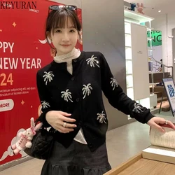 2024 Autumn New Black Sequins Knitted Cardigan Sweater Women Elegant Fashion V-neck Long Sleeve Solid Color Ladies Knitwear Tops