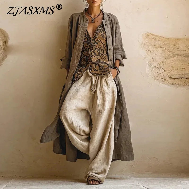 3 Piece Outfits Woman Stand Collar Button Long Outerwear V Neck Camisole Drawstring Waist Wide Leg Suit Retro Summer Holiday Set