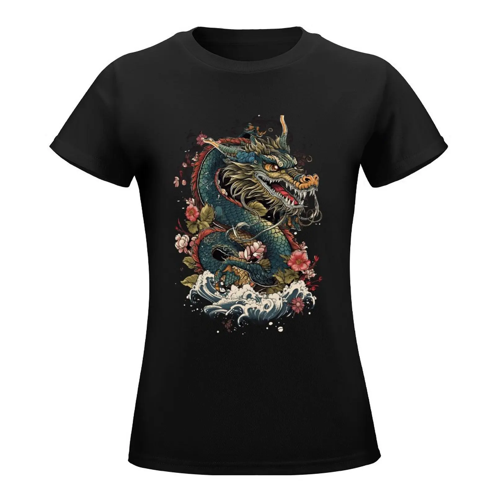 Dragon Drawing. Japanese style art T-Shirt funny customs hippie clothes graphics Women's tee shirt