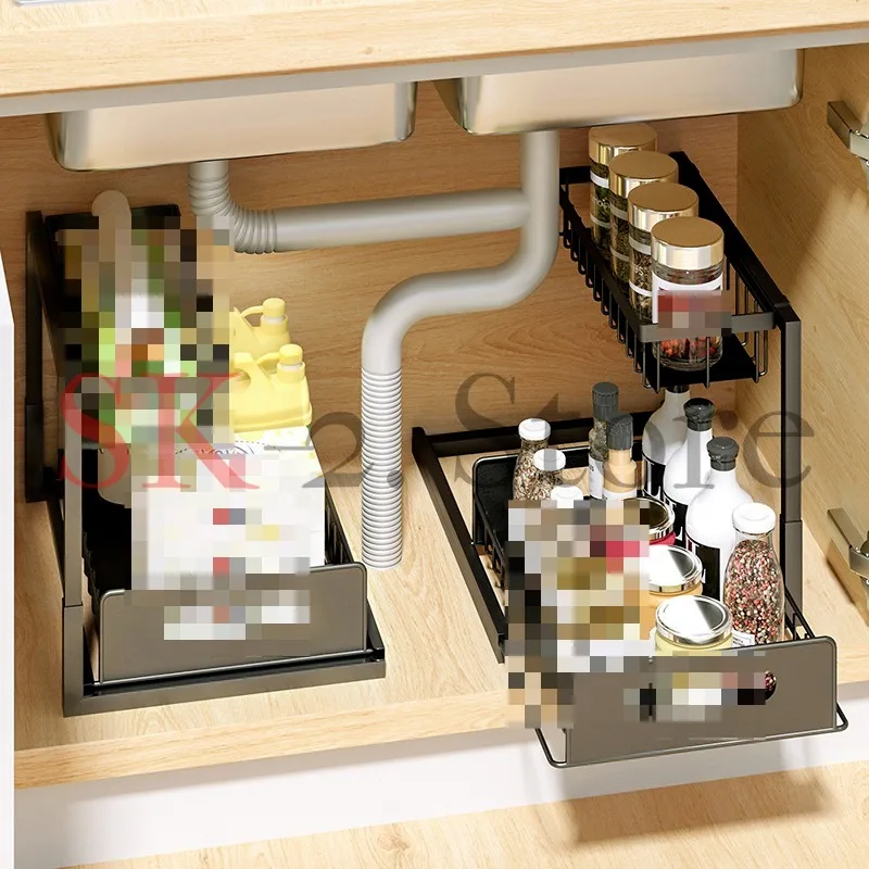 Kitchen lower sink rack pull-out seasoning storage layered basket