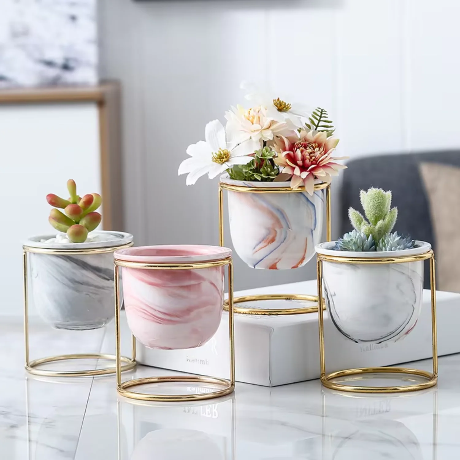 Nordic  succulent marble pot Indoor Decor ceramic flower plant pots with  iron frame Strawberry pot Pots Plant accessories Groot