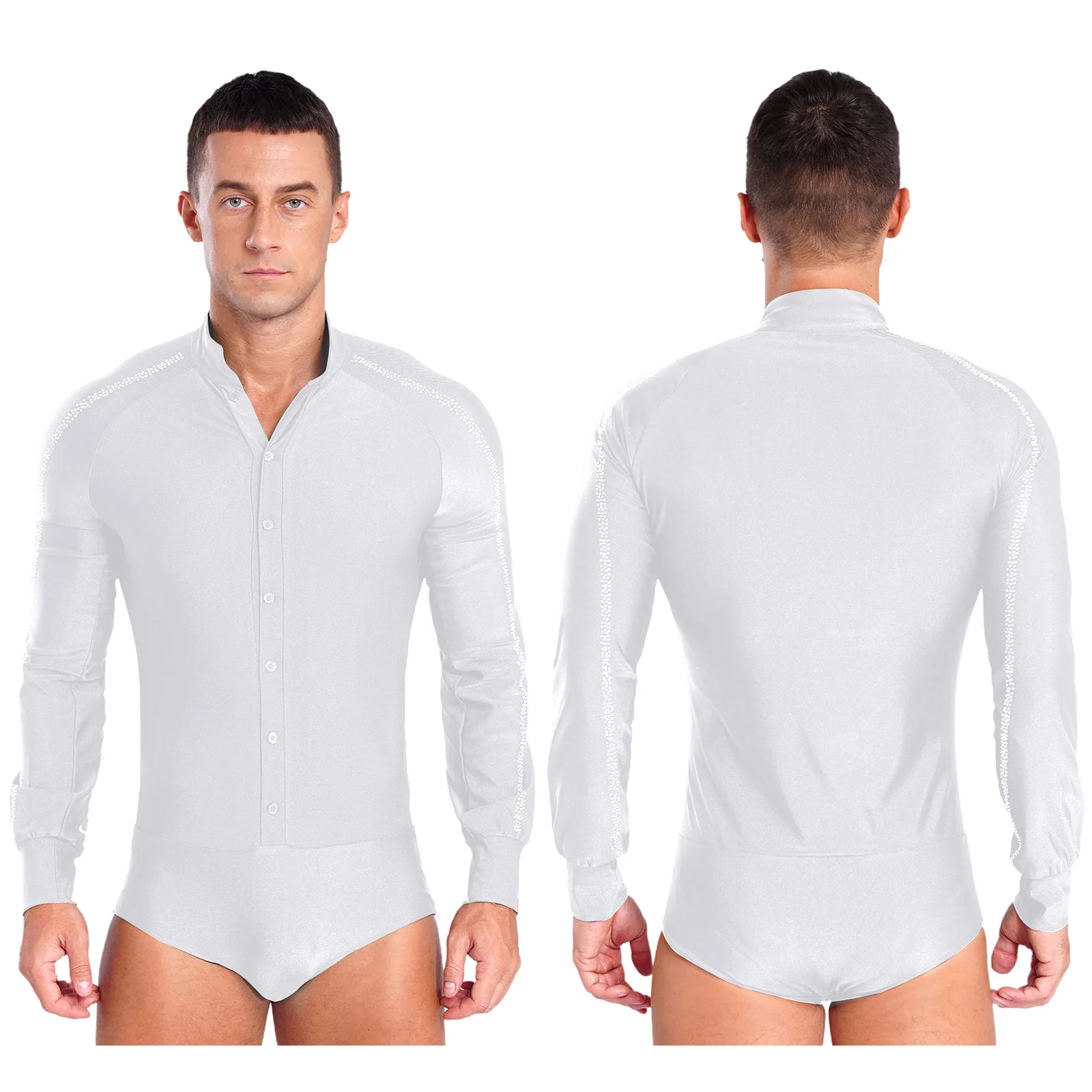 

Adult Mens Modern Jazz Latin Dance Bodysuit Shirts Costume Long Sleeve Shirts Top Ballroom Dance Performance Competition Outfit