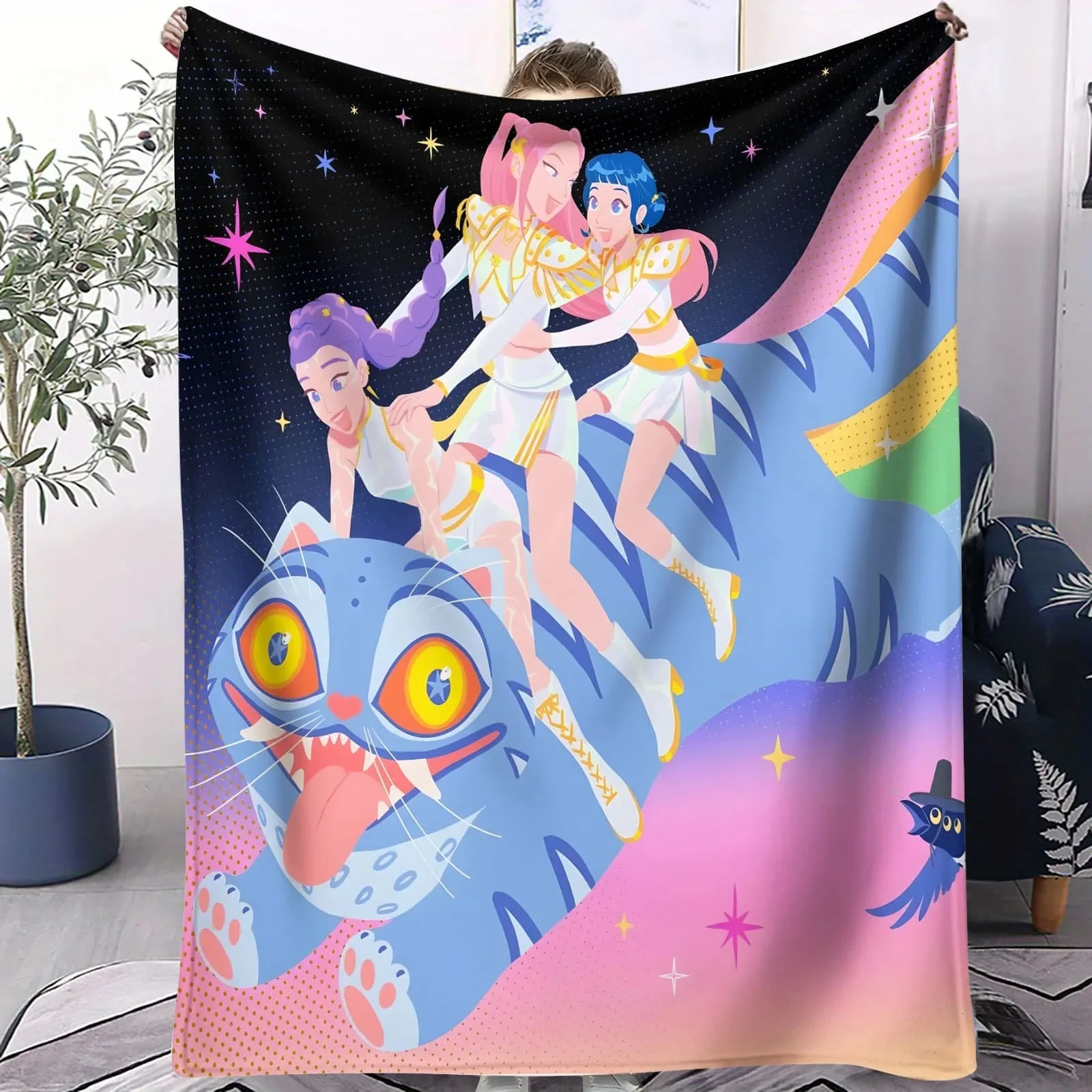 

Cartoon Kpop Demon Hunter Blanket Cute Idol Pattern Air Conditioning Blanket for Bedroom Living Room Cozy Nap Decor Blanket