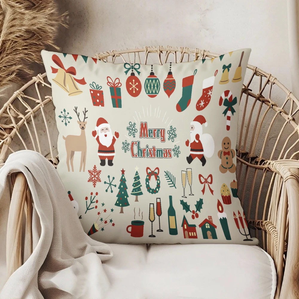 Square Throw Pillow Cream White Merry Christmas Santa Claus Reindeer Stocking Ornament Print For Living Room Sofa Bedroom Holida