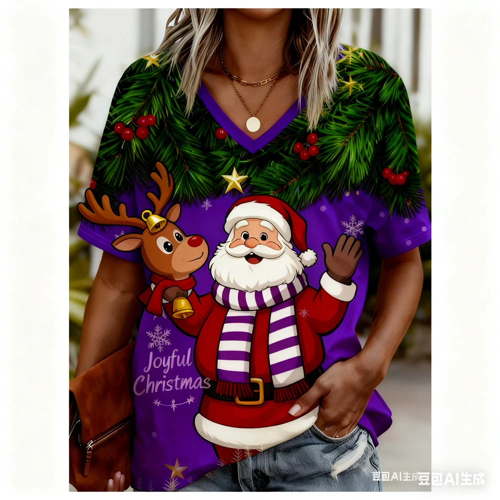 クリスマス レディース Tシャツ 3D パターンプリント V ネック Tシャツ 速乾性 新年 Tシャツ 新しい女性用トップス y2k 女性用服