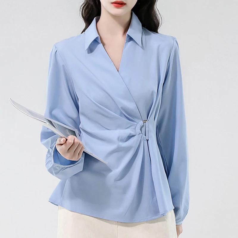 

2025 Spring Autumn Women Blouse Slim Turndown Collar Occupation OL White Shirt Long Sleeve Female Tops