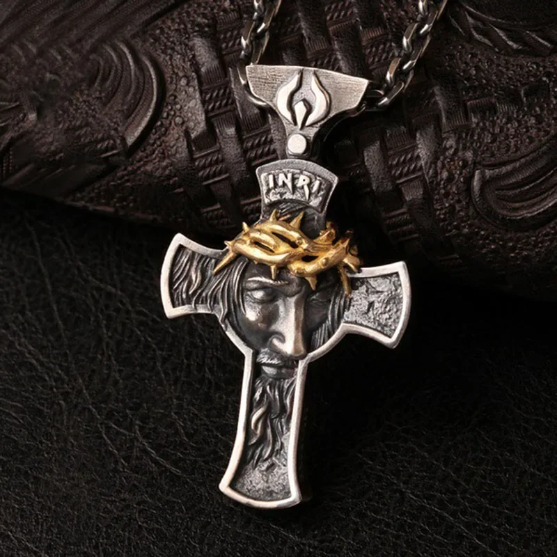 Retro Christ Jesus Crucifix Pendant Necklace Metal Chain Heavy Jewelry Gift Religious Christian  Crown Thorns Large  Pendant