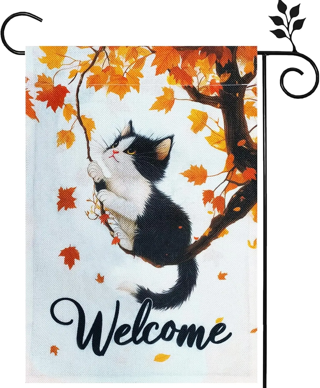 Fall Garden Flag 12X18 Inch Double Sided Burlap Cute Cat Maple Leaves Welcome Autumn Garden Flag Thanksgiving Yard Flags for SSL