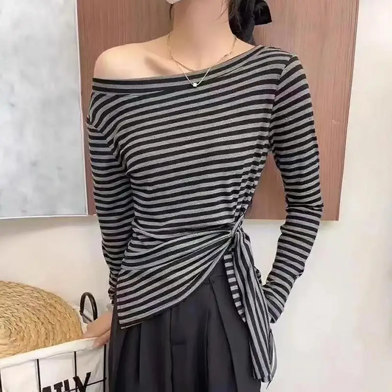 Slankmakende lange mouw T-shirt dames vroege herfst nieuw plus size riem tailleband gestreept top sexy katoen comfortabele pasvorm...