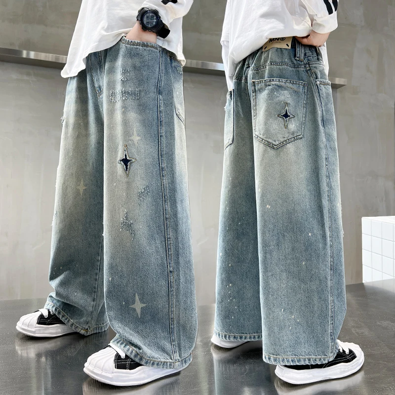 

New Kids Designer Boys Stylish Ripped Jeans with Stars Pattern Children Fashion Straight Denim Pants Age 5 6 7 8 9 10 11 13 14 Y