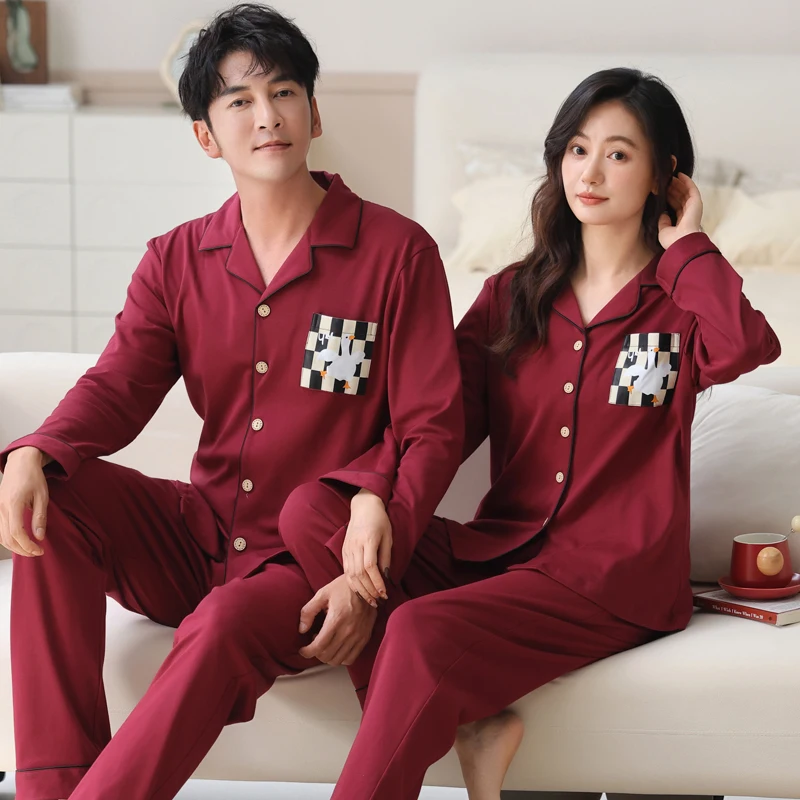 Große Größe M-4XL Baumwolle Paare Lange Ärmel Nachtwäsche Frühling Herbst Strickjacke Pyjama Set Damen und Herren Passende Loungewear Rot