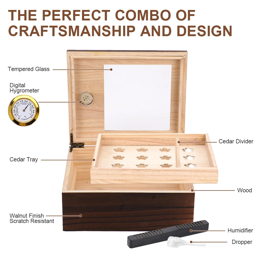 Humidor de puros con tapa de cristal, caja de puros con higrómetro, bandeja de madera de cedro, divisor, estuche de almacenamiento de madera, capacidad para 20-50 cigarros