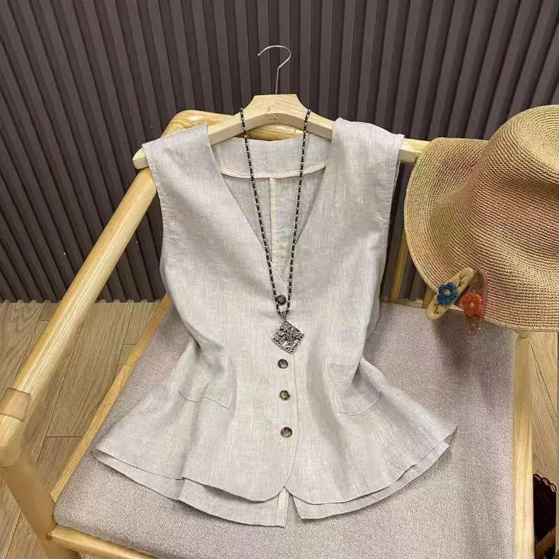 

Retro Literary Cotton and Linen Solid Color Vest Women's V-neck Sleeveless Thin Vest Top