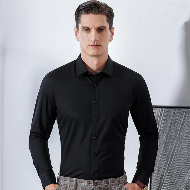 Camisa de manga comprida de fibra de bambu masculina, elástica, sem ferro, resistente a rugas, slim fit, sólida, nova, primavera, outono, 6XL, 7XL,