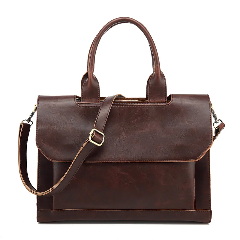 Maleta de couro PU vintage para homens, tablet Crazy Horse, couro de vaca, crossbody executivo, bolsa de escritório, ombro, bolsa mensageiro