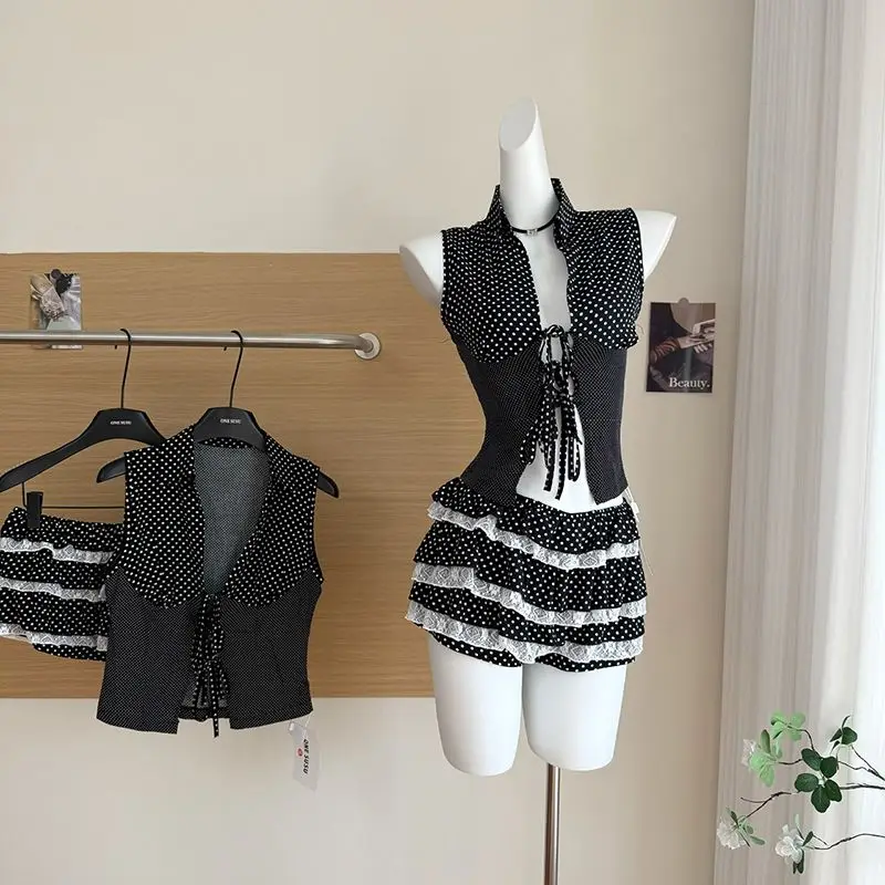 

2026 Sexy Vintage Elegant 2 Piece Set Women Y2k Polka Dot Design Tops + Retro Mini Cake Skirt Female Korea Style Chic Outfits