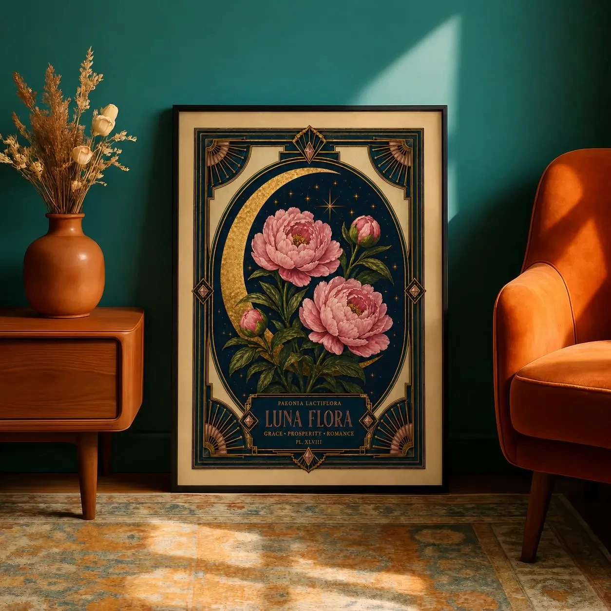 The decorative painting with pink peonies and golden crescent as the theme perfectly integrates the retro Art Nouveau style.