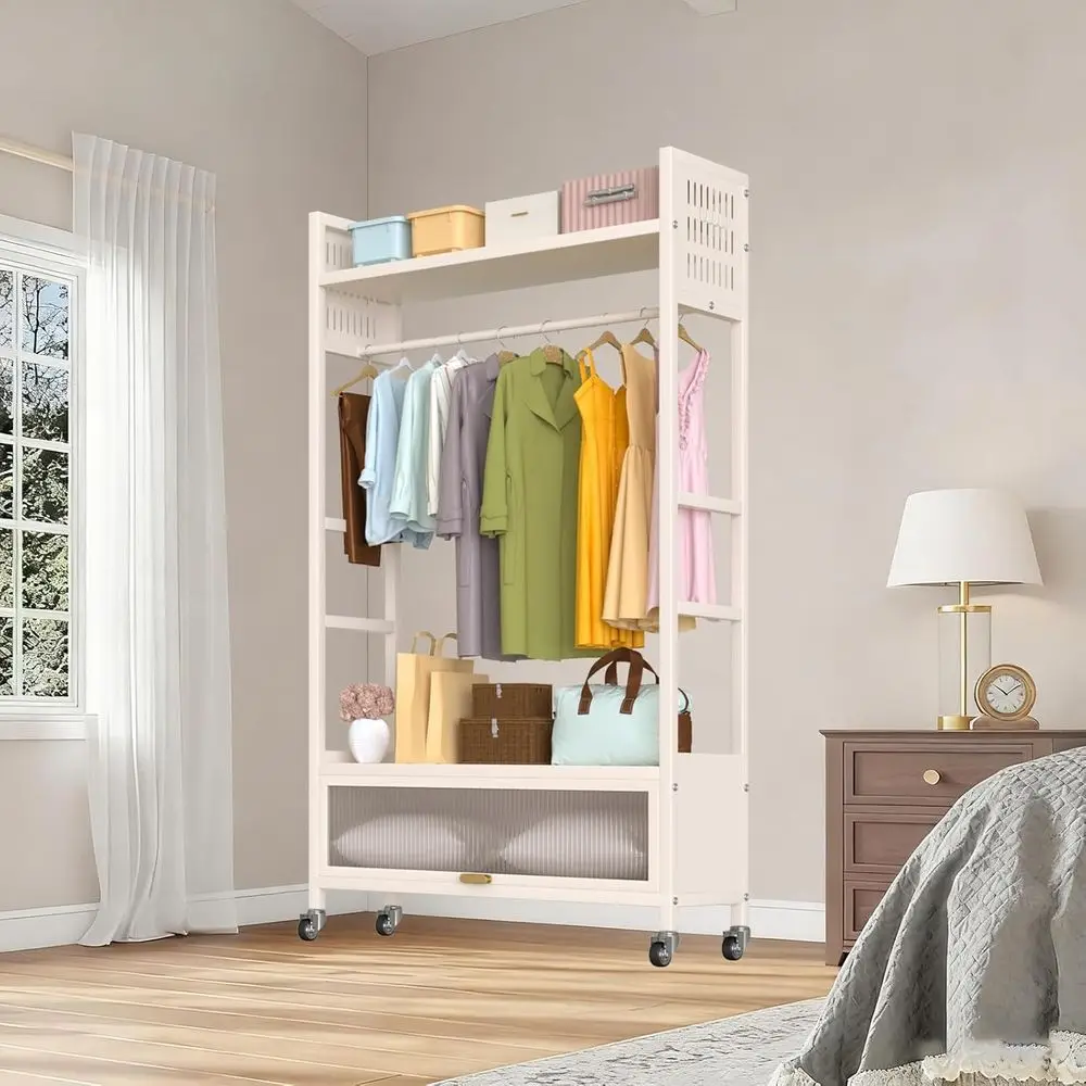Perchero rodante portátil para ropa con 4 ganchos, 100CM blanco, organizador de guardarropa independiente para almacenamiento en el hogar