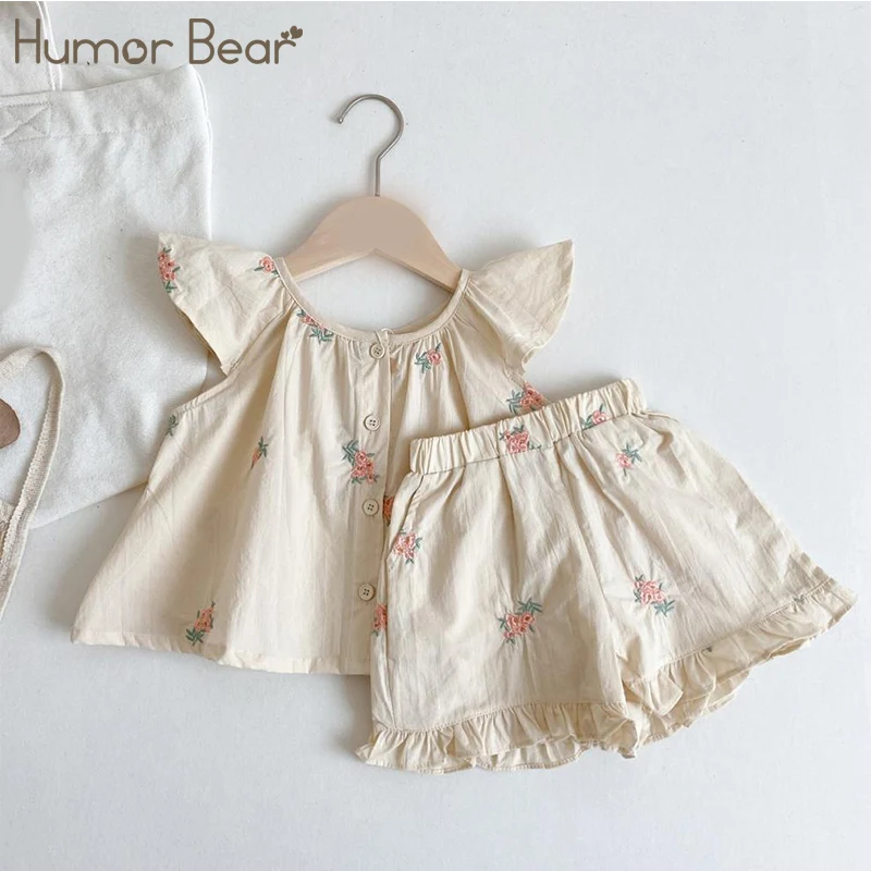 

Humor Bear Summer Girls' Clothing Sets Embroidered Children's Flying Sleeve Vest Shorts Kid Clothes Suit