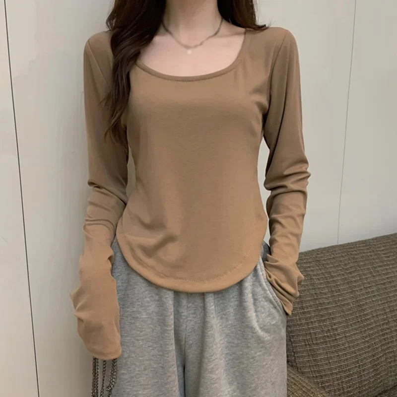 Korean Version Women T-shirts Solid Color Square Neck Irregular Casual Fashion Slim Sleeve Base Top