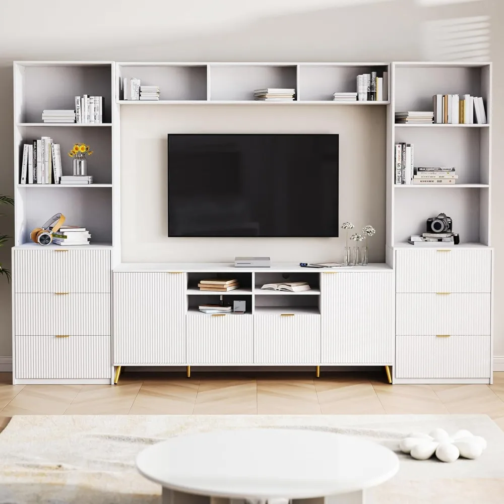 4-Piece Entertainment Wall Unit with 13 Shelves,8 Drawers and 2 Cabinets, Multifunctional TV Stand Media Storage Cabinet