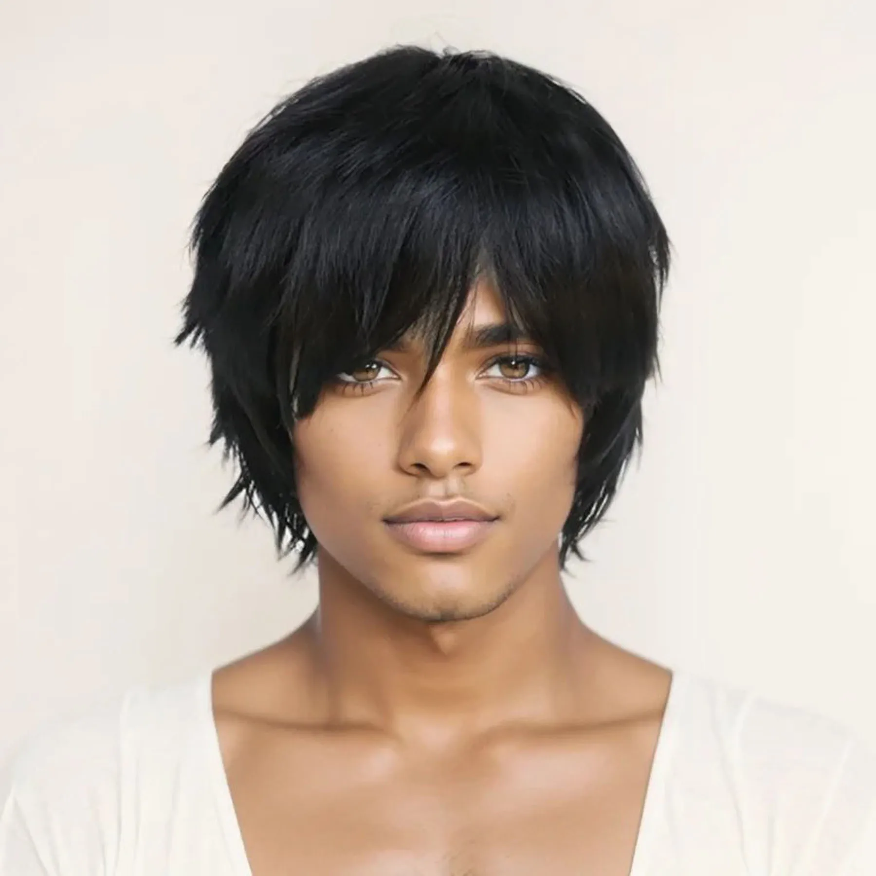 

Synthetic Hair Short Natural Black Men's Wig with Bangs Kisumi Cosplay Wigs for Man Halloween Anime Role Play Male Costume Wig