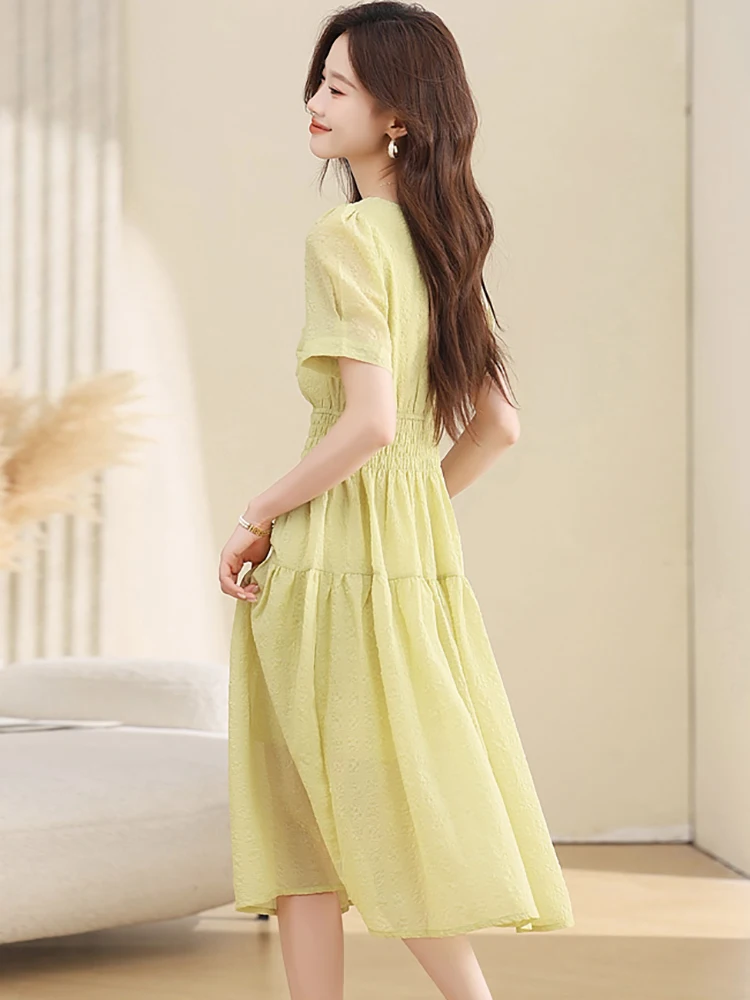 Vrouwen Groene Chiffon Geplooide Bodycon Midi Jurk Zomer Korte Mouw V-hals Casual Jurk 2025, Koreaanse Mode Elegante Avondjurk