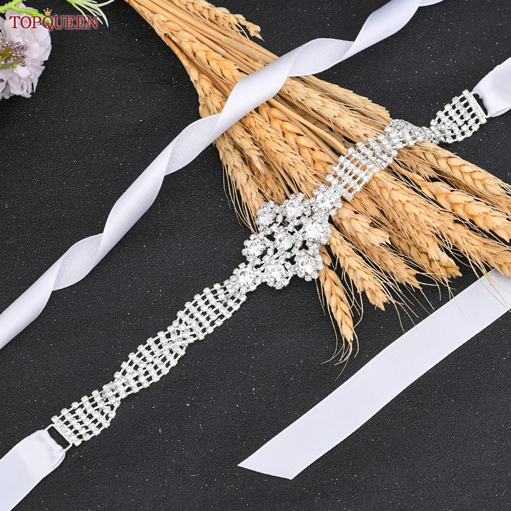 TOPQUEEN Silver Diamond Belt Luxury Chain Bride Wedding Dress Sash With Ribbon Rhinestone Party Evening Women Waistband S98