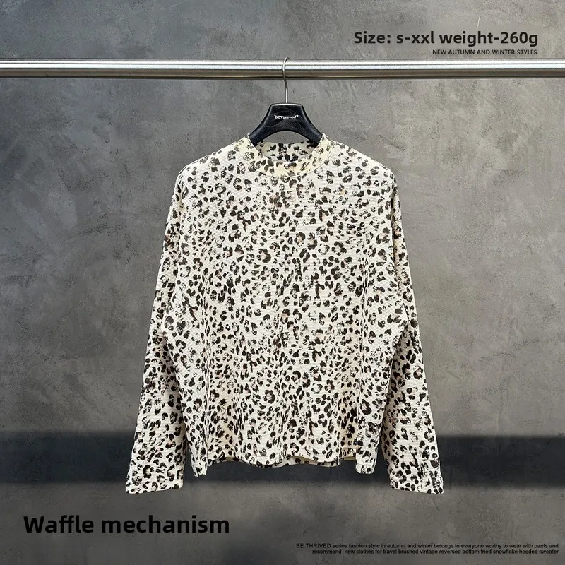 QICHE Men American Vintage Leopard Print Waffle Knit Long Sleeve T Shirt Loose Drop Shoulder Casual Top For Autumn Winter