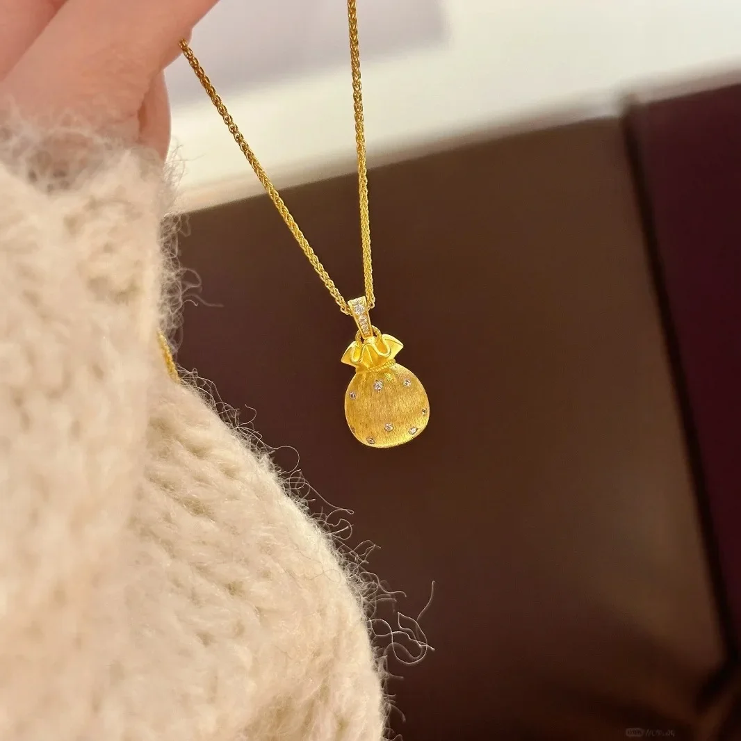 

S925 Pure Silver Brushed Lucky Bag Pendant Necklace, New Chinese Style Light Luxury Exquisite High-end Collarbone Chain Jewelry