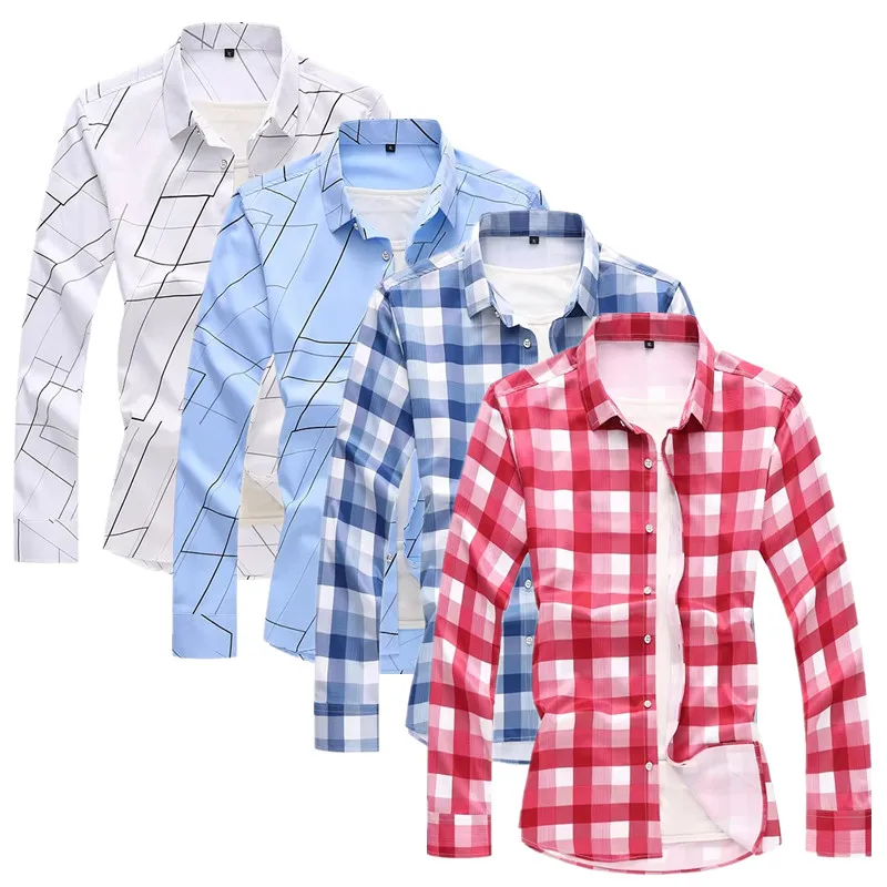 Male Long Sleeve Plaid Shirt Red / White Fashion Men Business Social Wedding Party Casual Dress Shirts