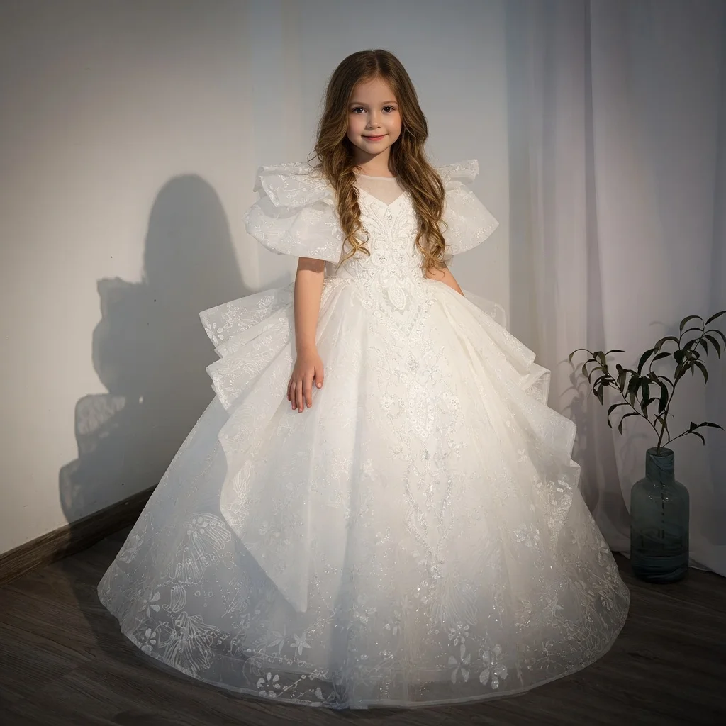 White Lace Tulle Flower Girl Dress with Puff Sleeves V-Neck Design & Bow Back Multi-Layered, 3D Skirt Wedding & Party Gown