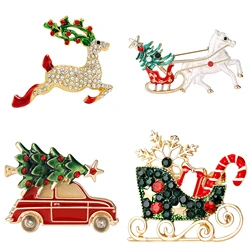 Christmas Enamel Sleigh Car Brooches for Women Unisex Rhinestone Deer Pins Banquet Party Backpack Gifts Jewelry Accessories