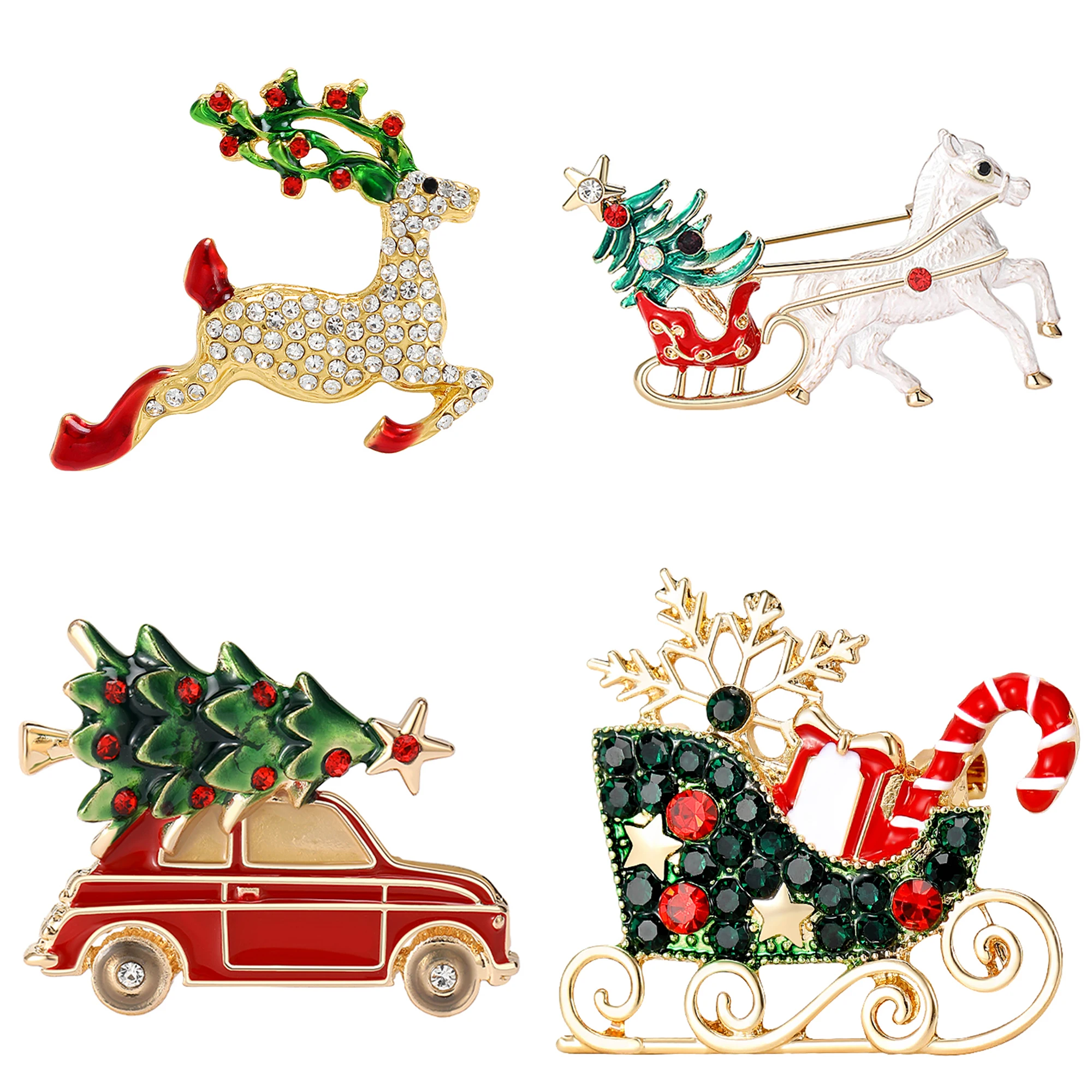 Christmas Enamel Sleigh Car Brooches for Women Unisex Rhinestone Deer Pins Banquet Party Backpack Gifts Jewelry Accessories