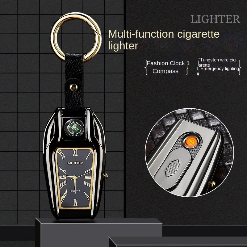 Multifunctional Compass Keychain Watch Arc Lighter Personalized USB Rechargeable Cigarette Lighter Men's Birthday Gift