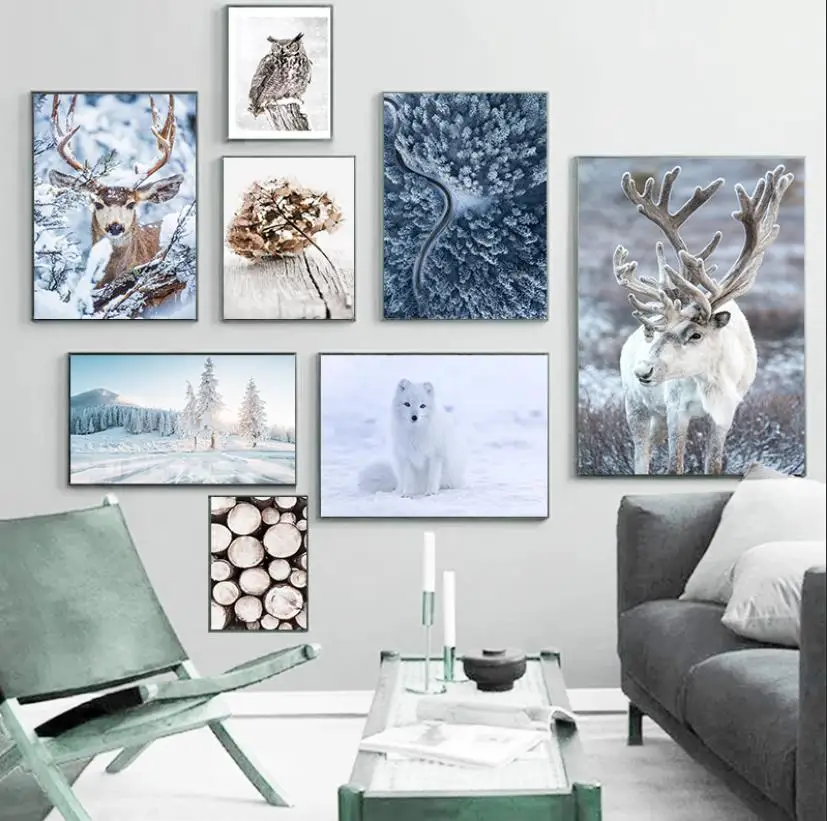 1PC Frameless  Deer Forest Flower Lake Snow Owl Landscape Winter Posters Minimalist Print Canvas Painting Wall Art for Living Ro